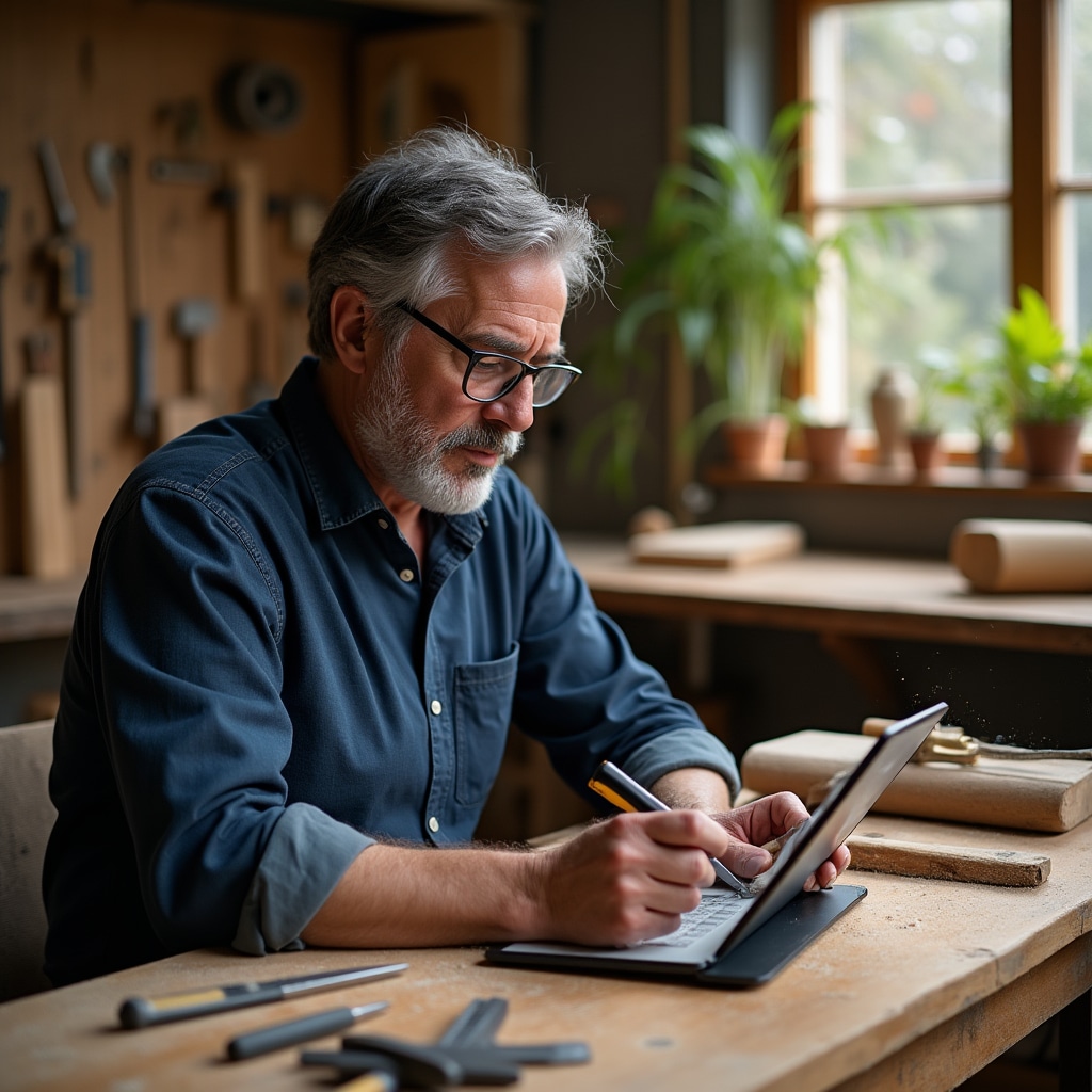 Experienced craftsman documenting knowledge in modern workshop