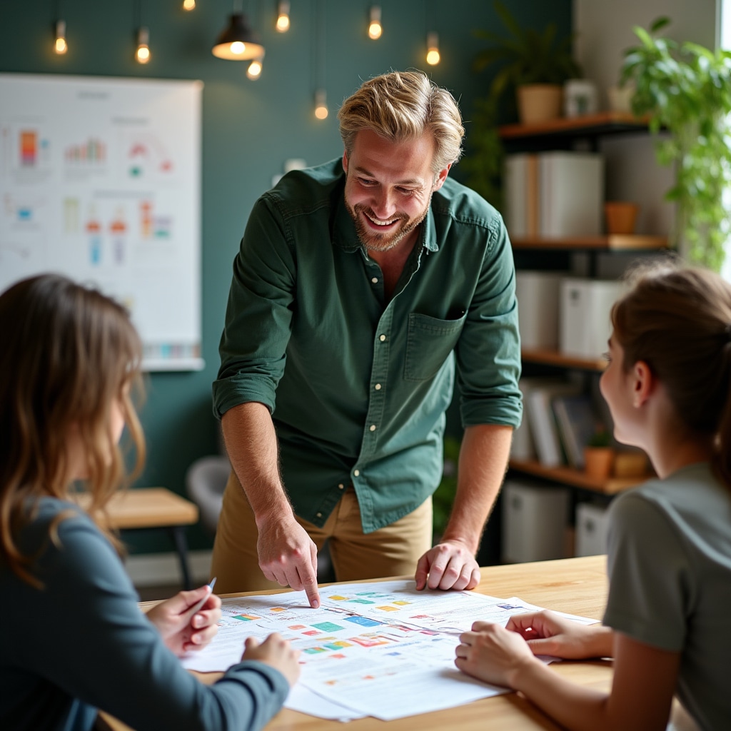 Training coordinator reviewing onboarding materials with team
