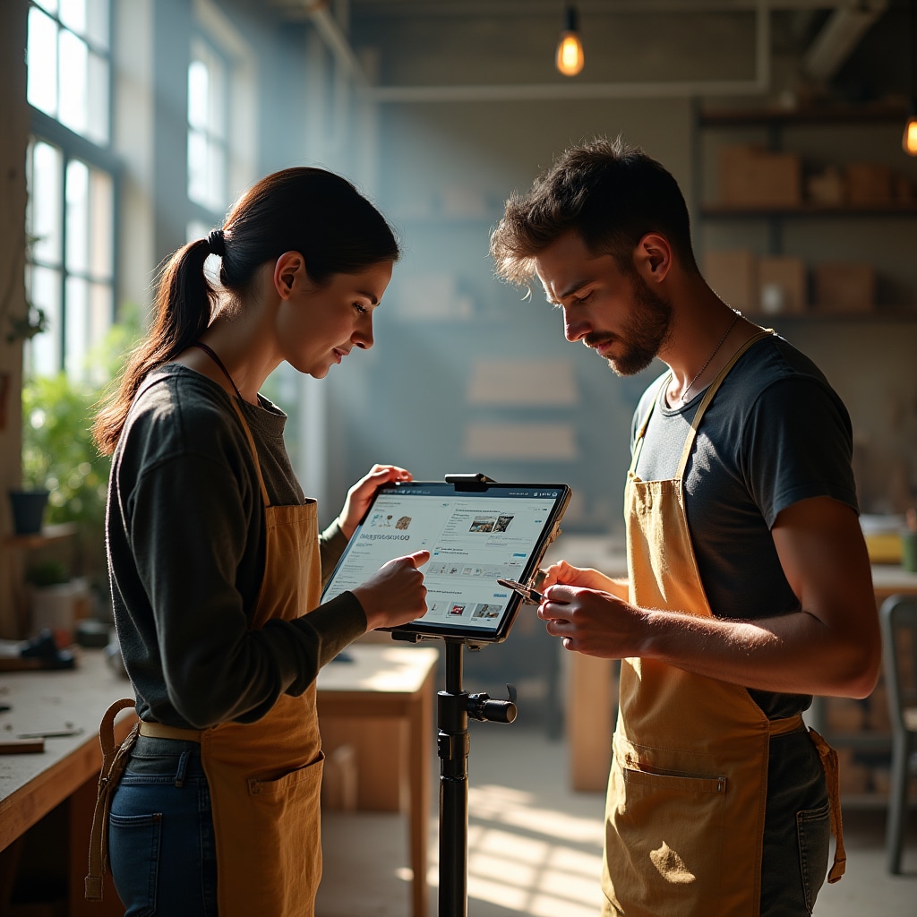 Craft workers consulting digital knowledge system on tablet in workshop environment